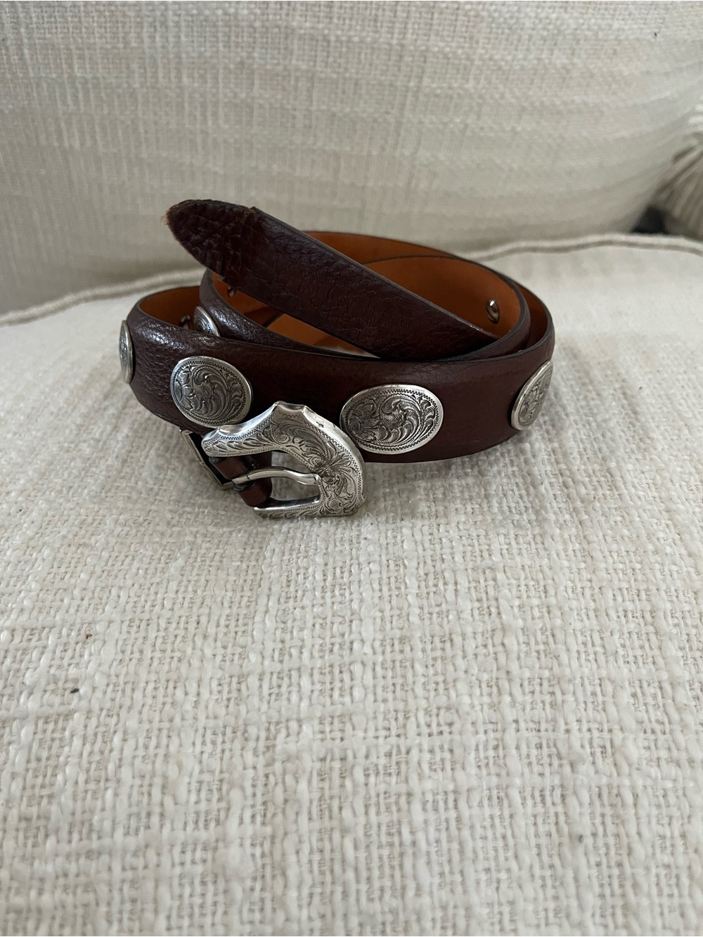 Vintage Martin Dingman Calfskin Leather Concho Belt Brown Silver Western USA